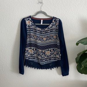 Navy Blouse with Lace Hem